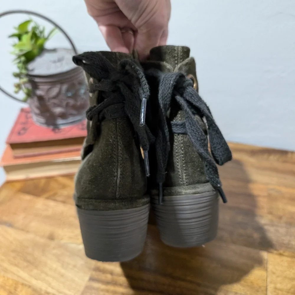 Fly London Yebi Wedge Ankle Boot Bootie Women size 36 US 6 Gray Suede Tie‎ Back